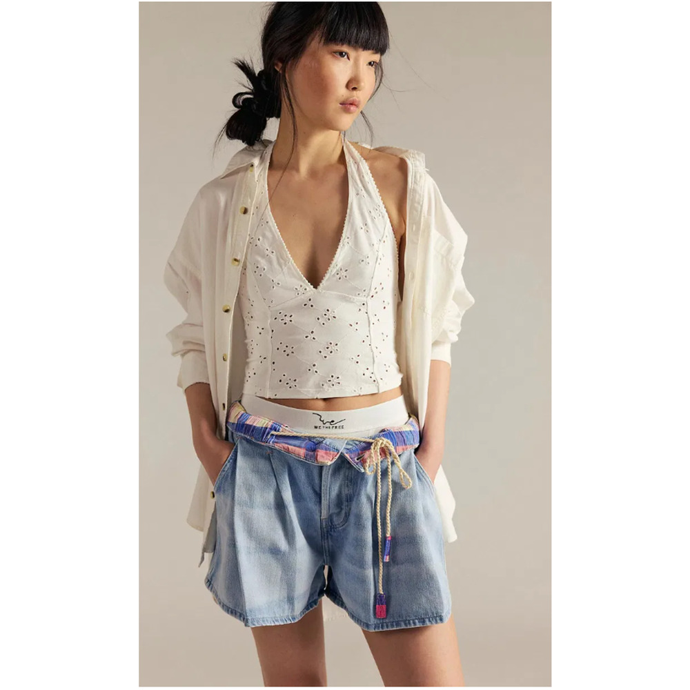 NEW FREE PEOPLE WE THE FREE CLARK PLEATED DENIM JEAN SHORTS SZ L